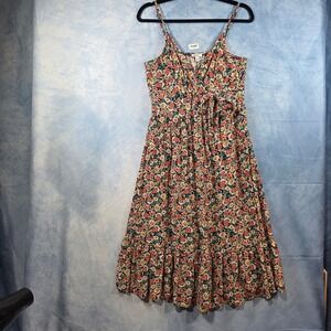 AUW Floral Midi Dress Womens Large Black Pink Daisy Faux Wrap Tiered Ruffle Hem